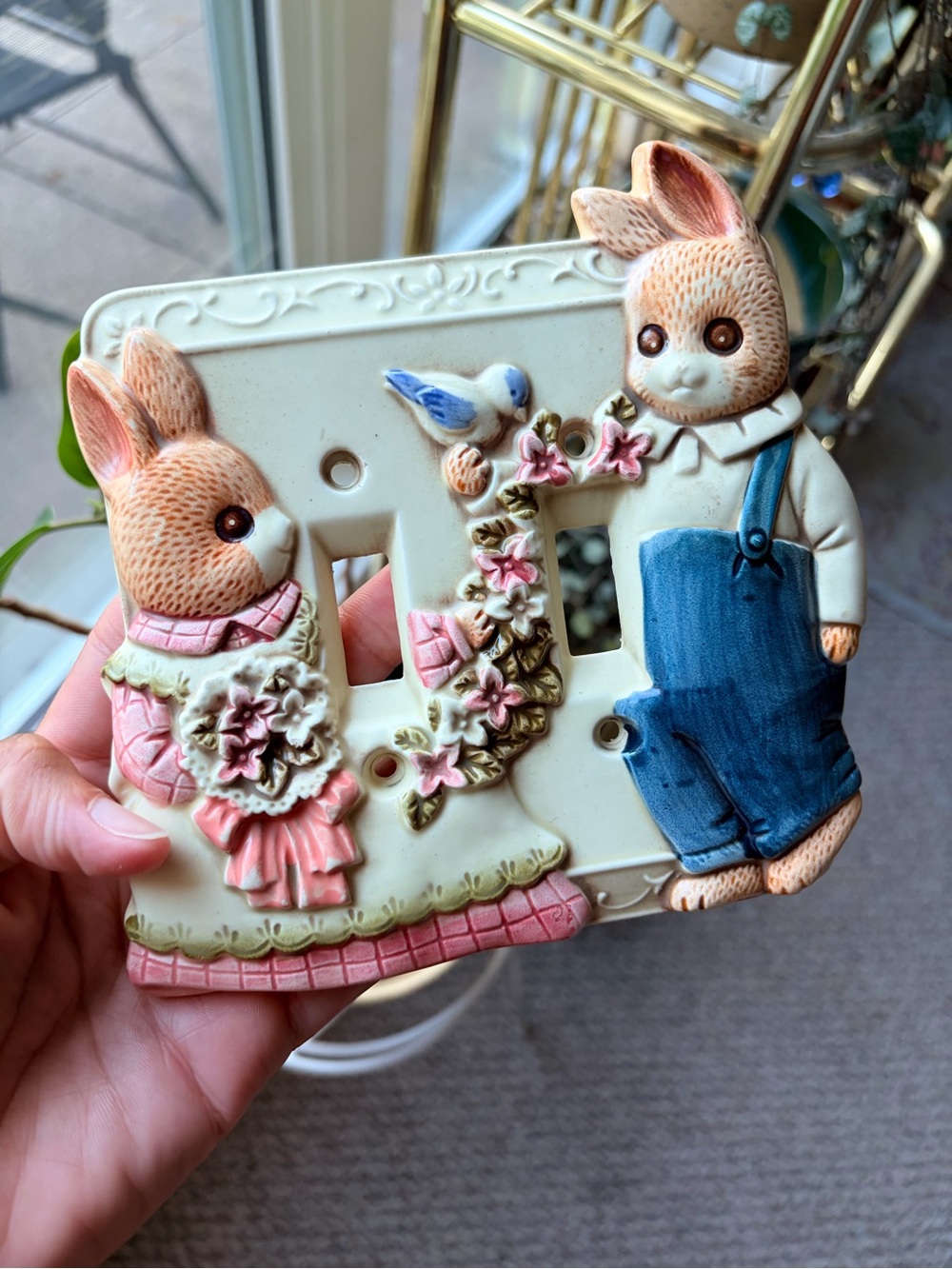 Vintage Takahashi 2 Bunny Rabbit Vintage Ceramic Double Light Switch Plate Cover